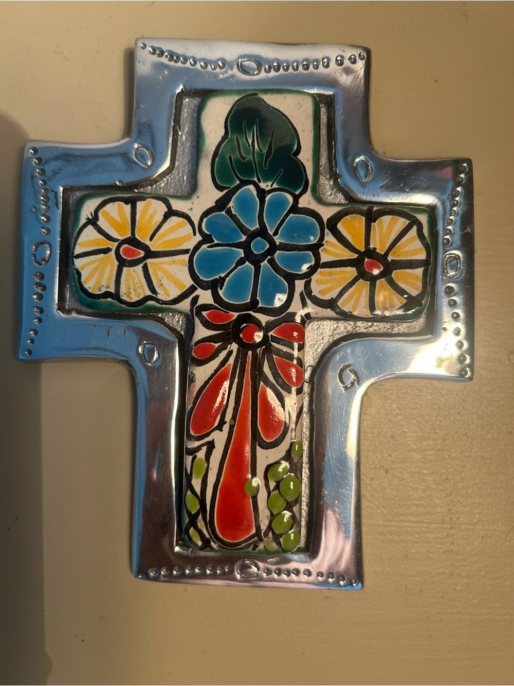 Stunning Hand Painted Decorative Floral Talavera Cross Wall Art - Multicolor